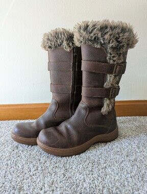 L.L Bean Women’s Brown Faux-Fur Cuffed Winter Boots with Buckle Straps